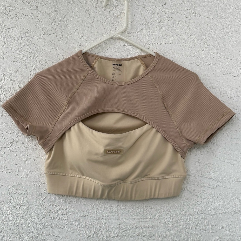 Oh Polly Bo+Tee Renew Sports Bra Top Size US 10 Cream Tan Crop - Picture 2 of 8